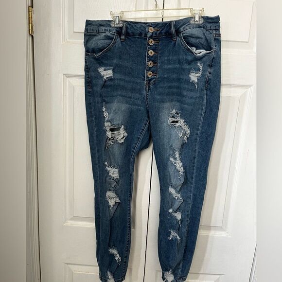Rue + Curvy High Rise Jeans Womens Size 18 Ankle Jeggings Blue Distressed Mom - Picture 1 of 6